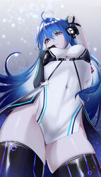  absurdres ahoge arm_behind_head azur_lane black_gloves black_thighhighs blue_eyes blue_hair breasts clothing_cutout covered_navel female from_below gloves hair_between_eyes hand_on_own_chest helena_(azur_lane) helena_(meta)_(azur_lane) highres long_hair looking_at_viewer looking_down medium_breasts naisewow pelvic_curtain red_eyes solo thighhighs underboob underboob_cutout 