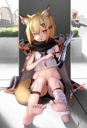  3others absurdres animal_ears arknights arrow_(projectile) barefoot black_scarf blonde_hair bow_(weapon) commentary_request female fox_ears fox_girl fox_tail gun hair_between_eyes hair_ornament hairclip highres jewelry mask material_growth multiple_others necklace notched_ear nya_tani_(py753) open_mouth orange_eyes oripathy_lesion_(arknights) prosthesis prosthetic_arm reunion_soldier_(arknights) scar scarf shorts tail tooth_necklace vermeil_(arknights) weapon 