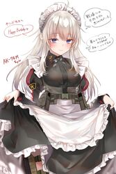  absurdres ak74m_(girls&#039;_frontline) apron arrow_(symbol) blonde_hair blush breasts buckle camouflage character_name chest_harness closed_mouth clothes_lift cowboy_shot cyrillic desert_camouflage dress dress_lift eyelashes feet_out_of_frame female girls&#039;_frontline griffin_&amp;_kryuger hair_between_eyes harness highres load_bearing_equipment logo long_hair long_sleeves looking_at_viewer maid maid_apron maid_headdress medium_breasts name_tag patch pottsness pouch purple_eyes red_star russian_text shoulder_patch skirt_hold smile snap-fit_buckle solo standing star_(symbol) teardrop thigh_pouch translation_request triangle uniform weapon_name white_background 