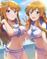  2girls :d absurdres ahoge bare_arms bare_shoulders bikini blonde_hair blue_bow blue_eyes blue_neckerchief blue_sailor_collar blue_sky blush bow braid breasts cleavage closed_mouth collarbone commission cowboy_shot day hand_up highres horizon idolmaster idolmaster_million_live! kousaka_umi leaning_forward lens_flare long_hair looking_at_viewer medium_breasts multiple_girls navel neckerchief ocean open_mouth outdoors pixiv_commission purple_eyes sailor_bikini sailor_collar sailor_swimsuit_(idolmaster) shuucream_(syuichi) sky smile stomach swimsuit tokoro_megumi twin_braids v white_bikini 