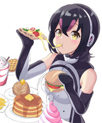  absurdres animal_costume black_hair burger cake drinking_straw eating female food french_fries gloves headphones highres holding holding_food holding_pizza humboldt_penguin_(kemono_friends) ice_cream kemono_friends kemono_friends_v_project looking_at_viewer milkshake mont_blanc_(food) multicolored_hair pancake penguin_costume pizza plate sawara_noa short_hair simple_background soft_serve solo tail virtual_youtuber waffle white_background yellow_eyes 