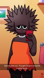  2021 9:16 anthro black_body black_skin blush clothing cosplay dress echinoderm echinozoan electronics english_text female fishnet_clothing fishnet_legwear gem hi_res holding_object jewelry legwear lisa_simpson marine necklace pearl_(gem) pearl_necklace phone real_axolotl_hours sea_urchin selfie solo text the_simpsons uni_(wazzaldorp) wazzaldorp 