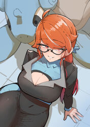  absurdres ahoge azz0422 black_jacket black_skirt black_suit breasts character_doll cleavage cleavage_cutout clothing_cutout collarbone commentary female formal glasses highres jacket lapras large_breasts long_sleeves lorelei_(pokemon) pencil_skirt pokemon pokemon_(creature) pokemon_lgpe ponytail red_eyes red_hair semi-rimless_eyewear sidelocks skirt suit swept_bangs 