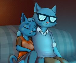  2023 anthro bluedraggy breasts closed_eyes clothed clothing color_edit colored daughter_(lore) domestic_cat duo eyewear father_(lore) father_and_child_(lore) father_and_daughter_(lore) felid feline felis female fully_clothed fur glasses good_parenting head_tuft hi_res mae_borowski male male/female mammal night_in_the_woods notched_ear parent_(lore) parent_and_child_(lore) parent_and_daughter_(lore) s1m shirt sitting sleeping stan_borowski t-shirt third-party_edit topwear tuft watching_tv whiskers 