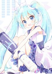  :d absurdres aobahosino audio_visualizer blue_archive blue_eyes blue_hair blue_sailor_collar bow commentary dress female hairbow hatsune_miku highres long_hair looking_at_viewer sailor_collar sitting sleeveless sleeveless_dress smile solo twintails very_long_hair vocaloid white_bow white_dress 