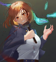  aura blood blood_on_face blue_jacket breasts brown_eyes brown_hair button_gap claw_hammer cropped_jacket cursed_energy energy female floating floating_hair floating_object grin hammer hand_up highres holding holding_hammer holding_weapon incoming_attack jacket jujutsu_kaisen jujutsu_tech_uniform kugisaki_nobara large_breasts looking_at_viewer messy_hair nail school_uniform shirt shirt_tucked_in short_hair smile solo sty swept_bangs teeth upper_body weapon white_shirt 