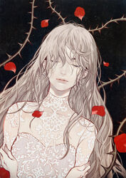  black_background closed_eyes earrings female grey_hair highres jewelry long_hair original parted_lips petals solo thorns upper_body yumeko_(yumeyana_g) 