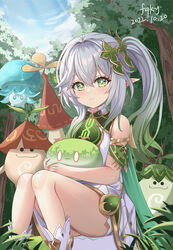  aranara_(genshin_impact) bloomers blush cape closed_mouth creature cross-shaped_pupils day detached_sleeves dress feet_out_of_frame female fungi_(genshin_impact) genshin_impact gold_trim gradient_hair green_cape green_eyes green_hair green_sleeves hair_ornament highres holding holding_creature hug leaf_hair_ornament long_hair looking_at_viewer multicolored_hair nahida_(genshin_impact) outdoors pointy_ears side_ponytail sidelocks signature sitting sleeveless sleeveless_dress slime_(genshin_impact) smile solo symbol-shaped_pupils thighs tree underwear white_bloomers white_dress white_footwear white_hair zhushameiliu 