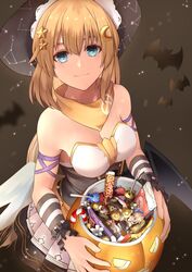  2girls absurdres artist_request bare_shoulders blonde_hair blue_eyes breasts cleavage closed_mouth commission constellation_print fal_(girls&#039;_frontline) fnc_(candy_thief)_(girls&#039;_frontline) fnc_(girls&#039;_frontline) giant giantess girls&#039;_frontline hair_between_eyes hair_ornament hair_ribbon hairclip halloween halloween_bucket halloween_costume happy_halloween hat highres korean_commentary long_hair looking_at_viewer medium_breasts multiple_girls official_alternate_costume open_mouth print_headwear ribbon scarf second-party_source simple_background smile wings yellow_scarf 