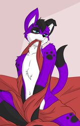  anthro bed bed_sheet bedding belly black_hair blue_eyes blush canid canine canis domestic_dog elkhound floppy_ears footprint fur furniture hair male mammal markings minila pawalo pawprint pawprint_(marking) purple_body purple_fur solo spitz trapped white_belly 