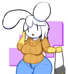  anthro ass big_butt blue_bottomwear blue_clothing blue_jeans blue_pants bottomwear breasts bunsandnoble clothing denim denim_bottomwear denim_clothing female fur hair handwear holding_object holding_purse jeans lagomorph leporid mammal mittens open_mouth pants phoebe_(bunsandnoble) rabbit scut_tail short_tail simple_face slightly_chubby slightly_chubby_female solo sweater tail thick_thighs topwear white_body white_fur white_hair wide_hips yellow_clothing yellow_handwear yellow_mittens yellow_sweater yellow_topwear 