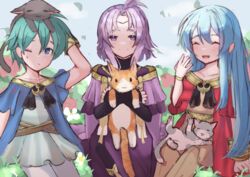  2boys aged_down animal aqua_eyes aqua_hair blush eirika_(fire_emblem) eirika_(twin_refulgence)_(fire_emblem) ephraim_(fire_emblem) ephraim_(twin_refulgence)_(fire_emblem) feline female fire_emblem fire_emblem:_the_sacred_stones fire_emblem_heroes hair_between_eyes highres holding holding_animal holding_cat juneplums long_hair lyon_(fire_emblem) lyon_(grado&#039;s_gaze)_(fire_emblem) multiple_boys official_alternate_costume open_mouth purple_eyes purple_hair short_hair sitting 