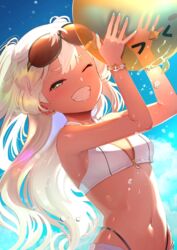  &gt;_&lt; aqua_nails azur_lane bache_(azur_lane) ball beachball bikini black_bikini blonde_hair blue_sky bracelet breasts commentary_request day eyewear_on_head female green_eyes jewelry layered_bikini long_hair looking_at_viewer navel one_eye_closed outdoors pettan_p sky small_breasts solo sunglasses swimsuit symbol-shaped_pupils tan transparent two_side_up unzipped water_drop white_bikini zipper zipper_pull_tab 