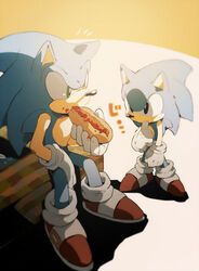  2boys ^^^ aoki_(fumomo) black_eyes dual_persona eating food furry furry_male gloves green_eyes holding holding_food hot_dog male_focus multiple_boys red_footwear shoes sitting sneakers sonic_(series) sonic_generations sonic_the_hedgehog sonic_the_hedgehog_(classic) standing white_gloves 