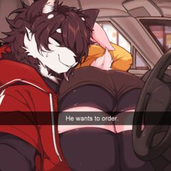  1:1 absurd_res anthro canid canine canis car car_interior domestic_dog duo femboy he_wants_to_order hi_res inside_car l3landbunny7 lagomorph leporid male male/male mammal meme ordering_food rabbit shiba_inu spitz vehicle 