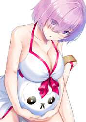  ball bare_shoulders beachball blush breasts cleavage collarbone dress dress_swimsuit eyes_visible_through_hair fate/grand_order fate_(series) female fou_(fate) hair_over_one_eye hands_on_own_stomach highres kasappi large_breasts light_purple_hair looking_at_viewer mash_kyrielight mash_kyrielight_(swimsuit_of_perpetual_summer) official_alternate_costume open_mouth parody pink_ribbon pregnant purple_eyes ribbon riyo_(lyomsnpmp)_(style) sandals short_hair simple_background sitting style_parody wariza white_background white_dress 