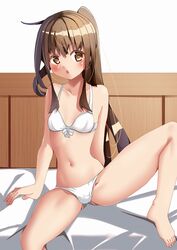  amano_miyako barefoot bed bikini breasts brown_eyes brown_hair commentary_request cowboy_shot female fumizuki_(kancolle) kantai_collection long_hair looking_at_viewer open_mouth ponytail sitting small_breasts solo spread_legs swimsuit white_bikini 