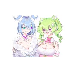  2girls arm_strap blue_eyes blue_hair bow breasts cleavage_cutout clothing_cutout collarbone commentary dress elira_pendora elira_pendora_(2nd_costume) fur_trim furururu_(zeromai_f) green_hair grey_kimono hand_on_another&#039;s_shoulder head_wings highres ichika_maia indie_virtual_youtuber japanese_clothes kimono large_breasts multiple_girls nijisanji nijisanji_en obi off_shoulder one_eye_covered open_mouth pink_bow pink_dress purple_eyes romaji_commentary sash short_hair smile twintails virtual_youtuber wings 