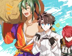  3boys basket belt black_coat black_hair blue_background blue_eyes carrying_over_shoulder chaldea_uniform closed_eyes coat collarbone commentary_request dated eating fate/grand_order fate_(series) food food_on_face fujimaru_ritsuka_(male) fuuma_kotarou_(fate) green_hair hair_over_one_eye holding holding_food japanese_clothes kimono komedawara long_hair long_sleeves male_focus minazaka multiple_boys off_shoulder onigiri pectorals popped_collar red_eyes red_hair red_scarf rice rice_on_face sash scar scarf sidelocks signature simple_background smile tawara_touta_(fate) uniform wide_sleeves 