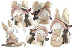  1other :3 animal_ears bad_id bad_twitter_id commentary crying fangs from_behind furry hand_on_own_chin helmet horizontal_pupils kawasemi27 looking_at_viewer looking_down made_in_abyss medium_hair multiple_views nanachi_(made_in_abyss) open_clothes open_mouth pants pocket poses reference_sheet short_hair_with_long_locks sidelocks simple_background smirk squatting tail tears topless upper_body white_background yellow_eyes 