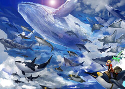  1boy bedroll beluga_whale bird blonde_hair blue_sky cloud commentary_request dolphin flying_whale hammerhead_shark hand_up humpback_whale lens_flare male_focus manta_ray orca original pants penguin photoshop_(medium) rii2 saddle shark sky solo stingray whale whale_shark wristband 