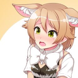  animal_ear_fluff animal_ears bad_id bad_twitter_id black-backed_jackal_(kemono_friends) blonde_hair blush bow bowtie collared_shirt commentary_request ears_down extra_ears female jackal_ears kemono_friends nose_blush shirt short_hair short_sleeves solo tearing_up totokichi upper_body vest wavy_eyes wavy_mouth yellow_eyes 