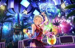  ^_^ artist_request blonde_hair bracelet closed_eyes disco_ball drink ear_piercing earrings female grin idolmaster idolmaster_cinderella_girls idolmaster_cinderella_girls_starlight_stage jewelry official_art piercing pixie_cut rave_party senzaki_ema short_hair skirt smile solo_focus very_short_hair 