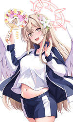  angel_wings blue_archive blue_shorts blush breasts brown_eyes collarbone commentary_request cowboy_shot feathered_wings female gym_shirt gym_uniform halo hand_fan highres holding holding_fan jacket konka large_breasts light_brown_hair long_hair long_sleeves looking_at_viewer low_wings nagisa_(blue_archive) navel open_clothes open_jacket open_mouth paper_fan peroro_(blue_archive) shirt shorts simple_background smile solo track_jacket uchiwa white_background white_shirt white_wings wings 