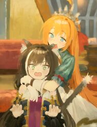  2girls :o animal_ear_fluff animal_ears biting black_hair blue_eyes blush cat_ears cat_girl cat_tail commentary dress ear_biting gloves green_eyes hair_ribbon highres hug hug_from_behind indoors karyl_(princess_connect!) long_hair multicolored_hair multiple_girls nibbling oerba_yun_fang open_mouth orange_hair pecorine_(princess_connect!) princess_connect! red_ribbon ribbon short_sleeves sitting sonchi stiff_tail streaked_hair symbol-only_commentary tail tears tiara very_long_hair white_gloves white_hair 