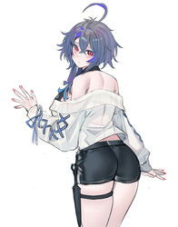  ahoge azur_lane bare_back blush commentary echj female foch_(azur_lane) foch_(rainbow_rendezvous)_(azur_lane) grey_hair hair_between_eyes highres holster knife_sheath long_hair multicolored_hair off-shoulder_sweater off_shoulder official_alternate_costume pink_eyes purple_hair sheath shorts simple_background solo sweater tears thigh_holster 