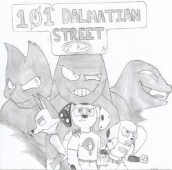  101_dalmatian_street 101_dalmatians alternate_universe anthro belt belt_buckle bottomwear buckle canid canine canis caribe clothed clothing dalmatian disney dolly_(101_dalmatians) domestic_dog dylan_(101_dalmatians) fan_character fanfic fanfiction female fergus_(101_dalmatians) fox fox_tail fur group hand_on_shoulder hi_res male mammal markings midriff shadow spots spotted_body spotted_fur title topwear 