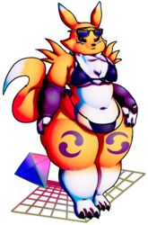  alpha_channel anthro bandai_namco belly belly_overhang belly_rolls big_belly bikini breasts canid chubby_cheeks clothed clothing curvy_figure digimon digimon_(species) digital_media_(artwork) eyewear female fur hi_res looking_at_viewer love_handles mammal navel nobody-64 obese obese_anthro obese_female overweight overweight_anthro overweight_female pear-shaped_figure renamon simple_background solo sunglasses swimwear thick_thighs tomoe_(symbol) white_body white_fur wide_hips yellow_body yellow_fur 