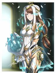  artist_name blue_eyes blurry blurry_background breasts brown_hair cowboy_shot deviantart_logo eyebrows_visible_through_hair female glowing holding long_hair looking_at_viewer medium_breasts science_fiction see-through smile solo standing tagme warframe watermark zxpfer 