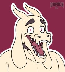  2020 anthro asriel_dreemurr boss_monster_(undertale) bovid bovine caprine cocky cocky_smile collar demondoggodamien digital_media_(artwork) fangs fur goat grin horn long_ears looking_at_viewer male mammal monster mouth_shot open_mouth signature simple_background smile solo teeth tongue undertale undertale_(series) white_body white_fur 