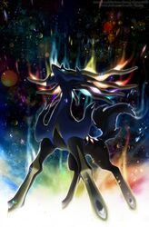  antlers glowing glowing_eye horns night night_sky no_humans planet pokemon pokemon_(creature) sky solo star_(sky) starry_sky xerneas xous54 