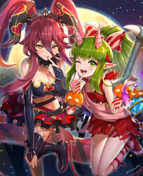  2girls artist_name bare_shoulders bat_(animal) black_choker blush breasts choker circle_skirt cleavage closed_mouth crossover demon_horns dragalia_lost dragon dragon_girl dragon_horns dragon_tail dragon_wings fake_horns fire_emblem fire_emblem:_mystery_of_the_emblem fire_emblem_heroes fur_choker gonzarez green_eyes green_hair halloween halloween_costume heart highres holding horns large_breasts long_hair moon multiple_girls mym_(dragalia_lost) night night_sky oerba_yun_fang official_alternate_costume one_eye_closed orange_eyes pointy_ears ponytail red_hair skin_fang sky smile tail tiara tiki_(fire_emblem) tiki_(young)_(fire_emblem) tiki_(young)_(halloween)_(fire_emblem) twintails wings 