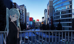  aqua_eyes aqua_hair black_jacket brown_shirt building car cityscape earrings female from_side handrail hatsune_miku highres highway jacket jewelry kazuna_(kazzzuna) long_hair looking_at_viewer looking_to_the_side motor_vehicle outdoors photo-referenced police_car road shirt smile solo standing street traffic traffic_barrier twintails upper_body very_long_hair vocaloid 