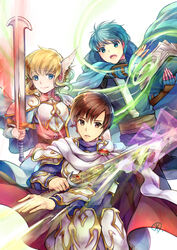  2boys armor asbel_(fire_emblem) belt black_pants blonde_hair blue_cape blue_eyes blue_gloves blue_skirt blue_tunic book bracer breastplate brown_belt brown_eyes brown_hair brown_sash cape commentary_request female fingerless_gloves fire_emblem fire_emblem:_thracia_776 gloves hair_between_eyes highres holding holding_book holding_sword holding_weapon lands_sword leif_(fire_emblem) light_brand looking_at_viewer miniskirt multiple_boys nanna_(fire_emblem) open_mouth pants parted_lips pauldrons pink_shirt purple_shirt sash shield shirt short_hair shoulder_armor simple_background skirt smile sword tarayuki tunic upper_body weapon white_background white_gloves wing_hair_ornament 