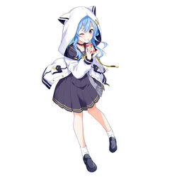  ;) absurdres animal_hood black_dress black_footwear black_sailor_collar blue_eyes blue_hair blush closed_mouth commentary dress drink drinking_straw drinking_straw_in_mouth felutiahime female full_body hair_between_eyes highres holding holding_drink hololive hood hood_up hooded_jacket hoshimachi_suisei hoshimachi_suisei_(school_uniform) jacket juice_box long_hair long_sleeves looking_at_viewer official_alternate_costume official_alternate_hair_length official_alternate_hairstyle one_eye_closed open_clothes open_jacket pleated_dress puffy_long_sleeves puffy_sleeves sailor_collar shoes simple_background smile socks solo star_(symbol) star_in_eye symbol_in_eye virtual_youtuber white_background white_jacket white_socks 