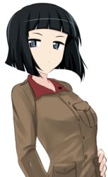  absurdres aikir_(jml5160) black_eyes black_hair blunt_bangs blunt_ends bob_cut brown_jacket chi-hatan_military_uniform closed_mouth commentary female girls_und_panzer hand_on_own_hip highres jacket light_frown long_sleeves looking_at_viewer military military_uniform nishihara_yasoko short_hair simple_background solo uniform upper_body white_background 