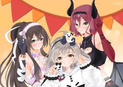  3girls ahoge aqua_eyes arm_garter artist_name assault_lily bad_id bad_twitter_id bandaged_arm bandaged_neck bandages bangle bare_shoulders bat_wings black_gloves black_hairband black_horns black_shirt black_skirt bow bracelet breasts brown_hair budget_sarashi chest_sarashi claw_pose cleavage cleavage_cutout closed_mouth clothing_cutout commentary_request crop_top demon_costume demon_horns elbow_gloves fake_horns fake_wings frilled_sleeves frills garter_belt ghost_hair_ornament ghost_print gloves gradient_background green_eyes grey_hair grin hair_between_eyes hair_ribbon hairband halloween_costume hand_up hands_up hatsukano_you heart_cutout high_ponytail highres hood hood_down hoodie horns jewelry long_hair long_sleeves looking_at_viewer low_wings medium_breasts midriff multicolored_hair multiple_girls mummy_costume necklace official_alternate_costume orange_background parted_lips pendant pennant ponytail print_hoodie puffy_sleeves red_gloves red_hair ribbon sarashi sasaki_ran serizawa_chikaru shirt short_hair sidelocks signature skirt sleeveless sleeveless_shirt sleeves_past_wrists smile standing streaked_hair string_of_flags stuffed_toy torn_ribbon tsuyutsuwa upper_body very_long_hair white_bow white_hairband white_hoodie white_ribbon wings yellow_eyes 