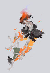  1boy bad_id bad_pixiv_id bandaged_arm bandaged_leg bandages barefoot black_hair black_kimono commentary dororo_(character) dororo_(tezuka) dress female fire full_body green_dress grey_background hand_on_own_face highres hyakkimaru_(dororo) japanese_clothes katana kimono long_hair looking_at_viewer nekosuke_(oxo) orange_eyes prosthesis prosthetic_arm prosthetic_leg prosthetic_weapon short_hair short_ponytail simple_background sleeveless sleeveless_dress sword topless_male torn_clothes torn_kimono upside-down weapon 