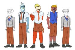  3:2 anthro anthrofied arctibax arturo_(fuze) blazer bottomwear clothed clothing cosplay dress_shirt florian_(pokemon) fuecoco fully_clothed fuze generation_9_pokemon group hi_res jawk_(fuze) male maschiff naranja_academy necktie nintendo orange_bottomwear orange_clothing orange_necktie orange_pants orange_shorts pants pokemon pokemon_(species) pokemorph school_uniform shirt shorts simple_background suspenders tandemaus topwear uniform uva_academy vest white_background 