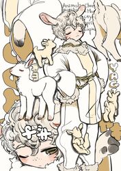  1boy :&lt; :| absurdres animal_ears animal_hands baggy_clothes baggy_pants closed_eyes closed_mouth curly_hair english_text freckles fur_collar goat goat_boy goat_ears goat_tail green_eyes hands_on_own_hips highres hooves horizontal_pupils long_sleeves looking_at_viewer male_focus multiple_views one_eye_closed original pants rope rope_around_neck rope_around_waist rope_belt shima_(wansyon144) short_hair tail white_background white_fur white_hair white_legwear wide_sleeves 