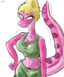  2020 5:6 amphibia_(series) amphibian anthro blonde_hair breasts cleavage clothed clothing disney female general_yunan hair hi_res midriff newt red_body red_skin salamander simple_background solo thedarkzircon white_background 