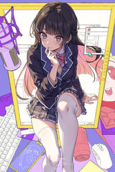  1000-nen_ikiteru_(vocaloid) arm_support artist_name black_hair black_jacket black_skirt blazer blush bow bowtie braid brown_cardigan buttoned_cuffs buttons can cardigan character_name closed_mouth collared_shirt commentary computer_keyboard computer_mouse controller cursor dated feet_out_of_frame female finger_to_mouth floating_hair floppy_disk game_controller grey_eyes hair_ornament hairclip half_up_braid highres invisible_chair jacket knee_up kuro-kun_(nablack) long_hair long_sleeves looking_at_viewer microphone monitor nazono_mito nijisanji pink_bow pink_bowtie plaid plaid_skirt pleated_skirt school_uniform shirt sitting skirt smile solo studio_microphone thighhighs through_medium through_screen timestamp tsukino_mito tsukino_mito_(1st_costume) virtual_youtuber white_shirt white_thighhighs window_(computing) 