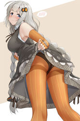  ass bare_shoulders black_dress black_panties blue_eyes breasts brown_background clothes_lift commentary_request dress dress_lift elbow_gloves female fingerless_gloves gloves grey_hair hair_ornament highres kanzen_bouon kizuna_akari lifting_own_clothes long_hair looking_at_viewer looking_back medium_breasts orange_gloves orange_pantyhose panties panties_over_pantyhose pantyhose sleeveless sleeveless_dress solo spoken_blush star_(symbol) striped_clothes striped_gloves striped_pantyhose thighband_pantyhose two-tone_background underwear vertical-striped_clothes vertical-striped_gloves vertical-striped_pantyhose very_long_hair voiceroid white_background 