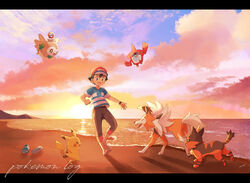  1boy barefoot baseball_cap beach black_hair black_shorts bracelet brown_eyes cloud cloudy_sky dusk english_text gen_1_pokemon gen_4_pokemon gen_7_pokemon hat highres jewelry litten lycanroc lycanroc_(dusk) male_focus mei_(maysroom) meltan mythical_pokemon open_mouth pikachu pokemon pokemon_(anime) rotom rotom_dex rowlet satoshi_(pokemon) shirt shoes_removed shore shorts sky spiked_hair striped striped_shirt tagme tide upper_teeth z-ring 