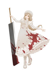  blood blood_on_clothes blood_on_weapon boots braid braided_ponytail breasts commentary deepseaeidolon dress female floating_hair full_body grey_dress hataraku_saibou juliet_sleeves long_dress long_hair long_sleeves looking_at_viewer macrophage_(hataraku_saibou) open_mouth outstretched_arms parted_bangs puffy_sleeves simple_background smile solo standing twitter_logo twitter_username weapon white_background white_footwear white_headwear 