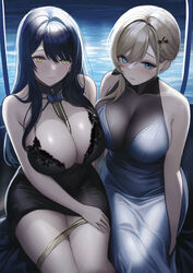  2girls absurdres ai-generated alternate_costume asymmetrical_docking azur_lane black_dress black_hair blonde_hair blue_dress blue_eyes breast_press breasts cleavage cocktail_dress dress evening_gown fish_toucher hair_ornament hair_over_shoulder highres howe_(azur_lane) huge_breasts indomitable_(azur_lane) large_breasts long_dress looking_at_viewer multiple_girls night sitting water yellow_eyes 